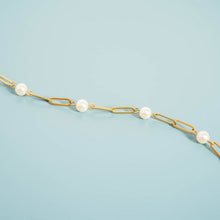 Load image into Gallery viewer, 18K Gold PVD Steel Station Pearl Paperclip Chain Bracelet
