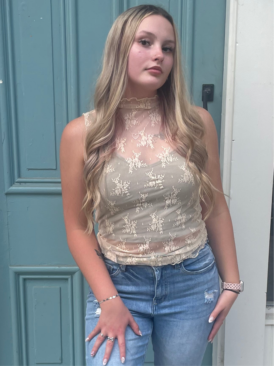 Nude lace mock neck tank