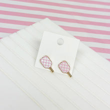 Load image into Gallery viewer, Enamel Pickleball Stud Earrings - Pink Check
