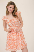Load image into Gallery viewer, LEAF PRINT FRONT TIE SMOCKED BODICE MINI DRESS
