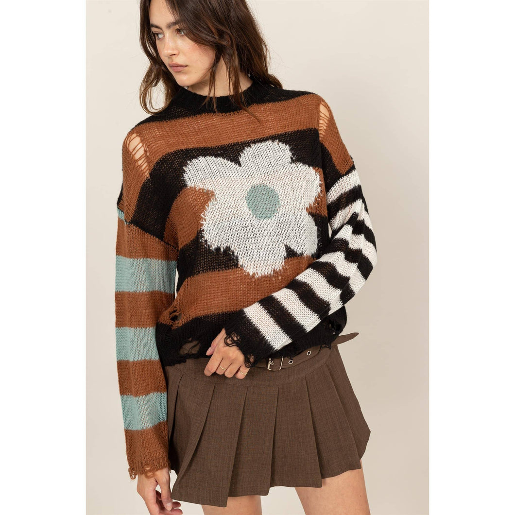 HF24C063-LONG SLEEVE FLORAL STRIPE SWEATER