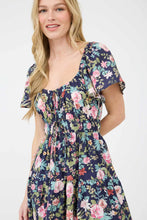 Load image into Gallery viewer, FLORAL FRONT TIE SCOOP NECK TIERED MINI DRESS

