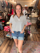 Load image into Gallery viewer, Striped split neck collar top
