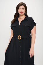 Load image into Gallery viewer, PLUS COLLARED BUTTON DOWN BELTED MIDI DRESS
