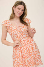 Load image into Gallery viewer, LEAF PRINT FRONT TIE SMOCKED BODICE MINI DRESS

