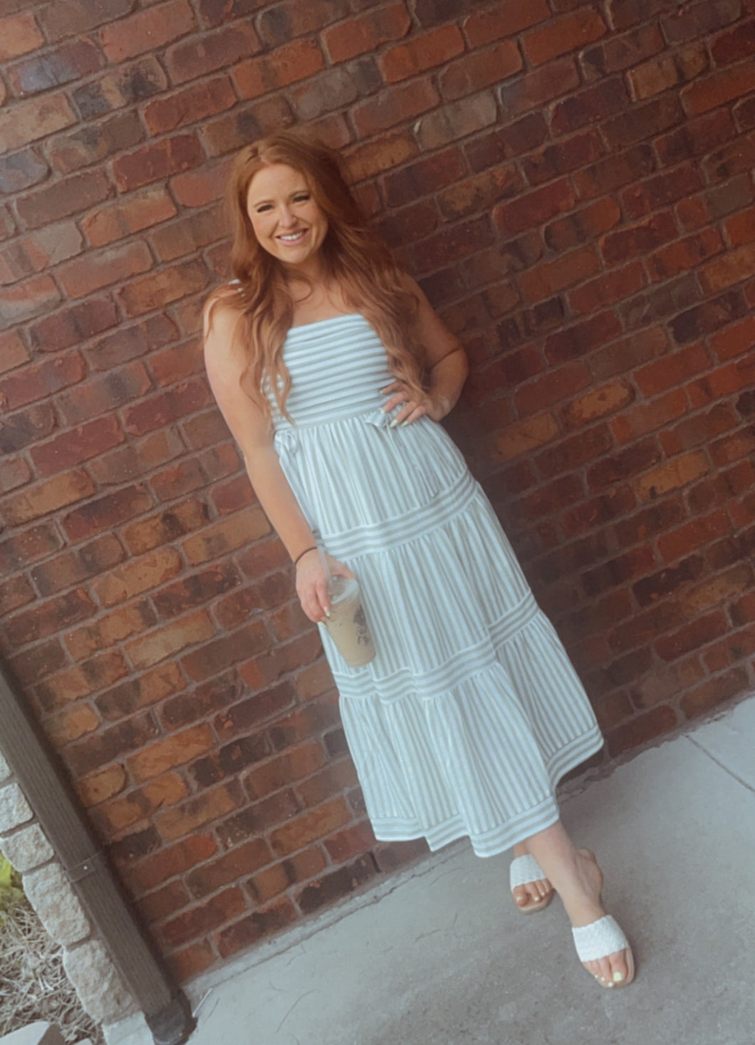 STRIPE TIE DETAIL SLEEVELESS TIERED MIDI DRESS