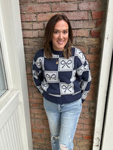 Load image into Gallery viewer, Checkerboard Bow Holiday Sweater
