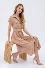 Load image into Gallery viewer, COLLARED BUTTON DOWN BELTED MIDI DRESS
