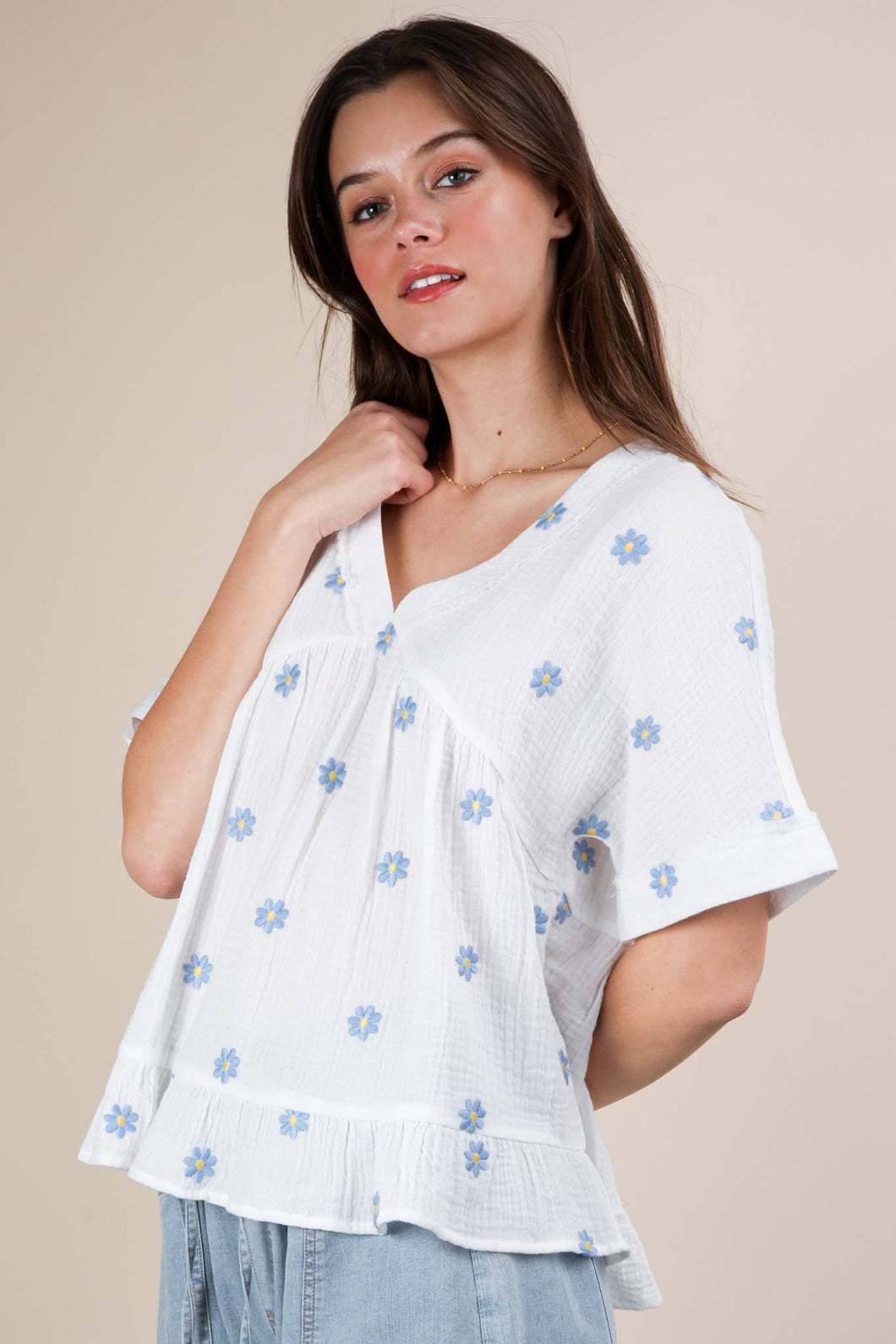 Flower Embroidered Woven Blouse Top