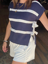 Load image into Gallery viewer, STRIPE SIDE TIE SHORT SLEEVE KNIT SWEATER (PRE-ORDER)
