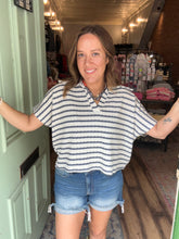 Load image into Gallery viewer, Striped split neck collar top
