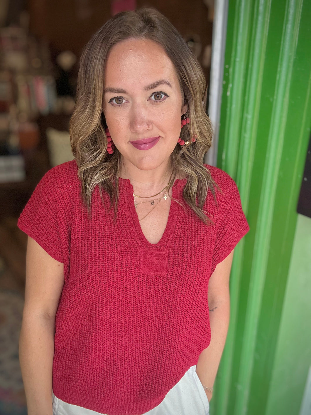 SPLIT NECK SHORT SLEEVE KNIT PULLOVER