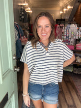 Load image into Gallery viewer, Striped split neck collar top
