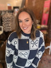 Load image into Gallery viewer, Checkerboard Bow Holiday Sweater
