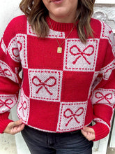 Load image into Gallery viewer, CHECKERED BOW JACQUARD CREWNECK KNIT SWEATER

