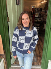Load image into Gallery viewer, Checkerboard Bow Holiday Sweater

