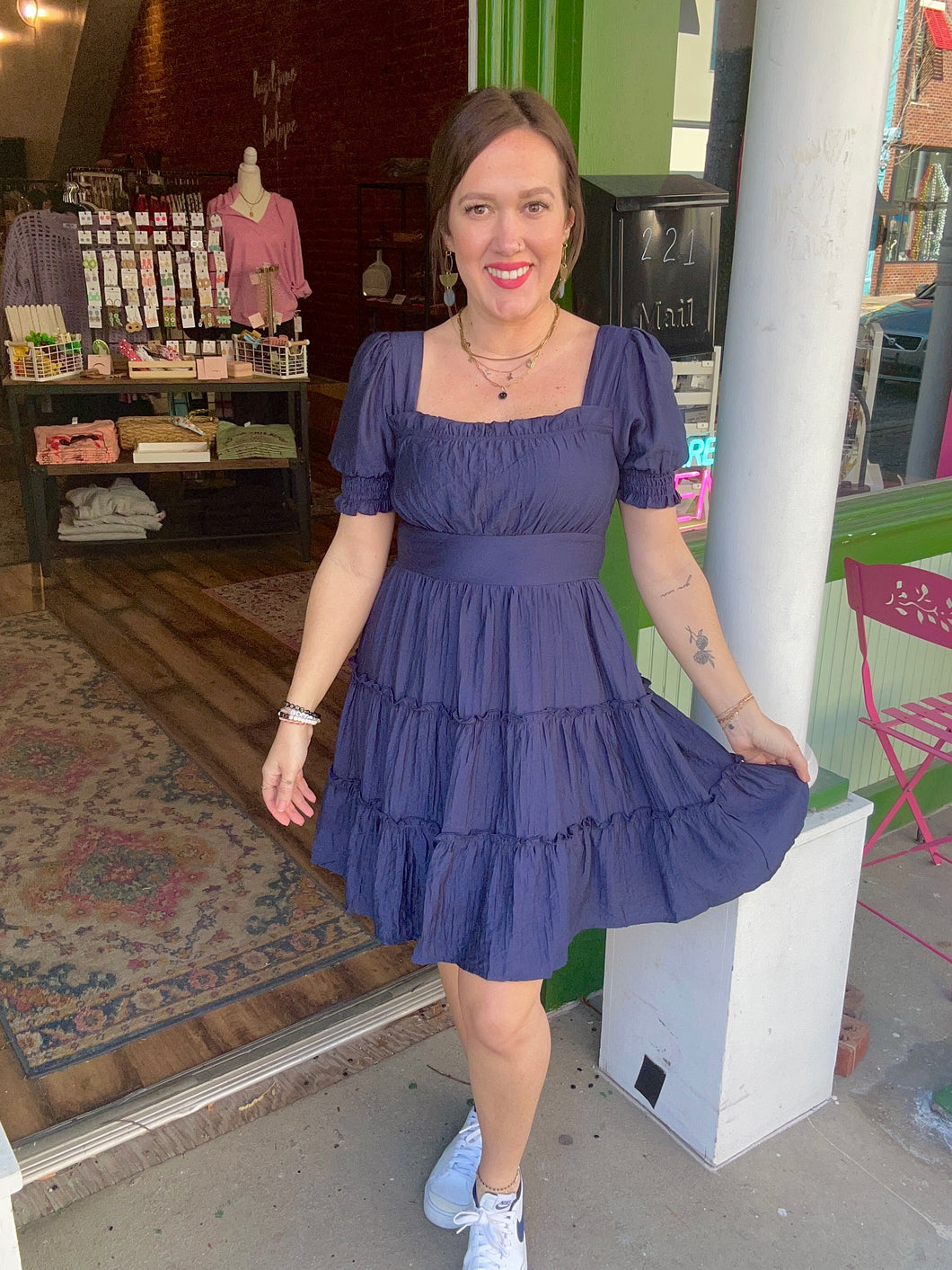 SQUARE NECK SMOCKED DETAIL TIERED MINI DRESS