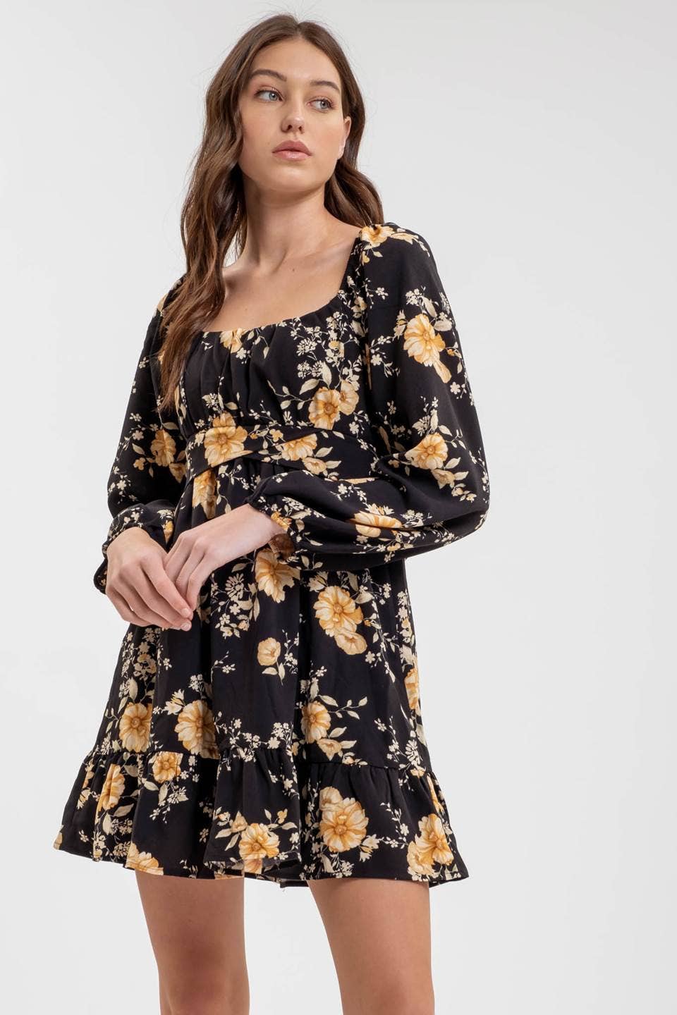 FLORAL LONG SLEEVE BACK TIE MINI DRESS