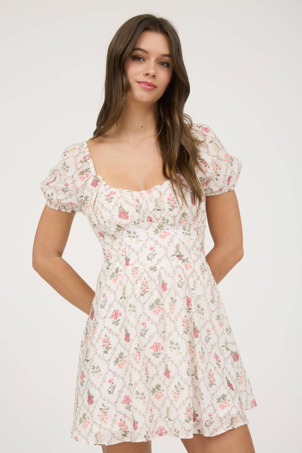 FLORAL CORSET DETAIL BACK TIE MINI DRESS