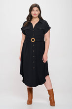 Load image into Gallery viewer, PLUS COLLARED BUTTON DOWN BELTED MIDI DRESS
