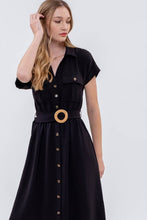 Load image into Gallery viewer, COLLARED BUTTON DOWN BELTED MIDI DRESS
