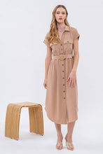 Load image into Gallery viewer, COLLARED BUTTON DOWN BELTED MIDI DRESS
