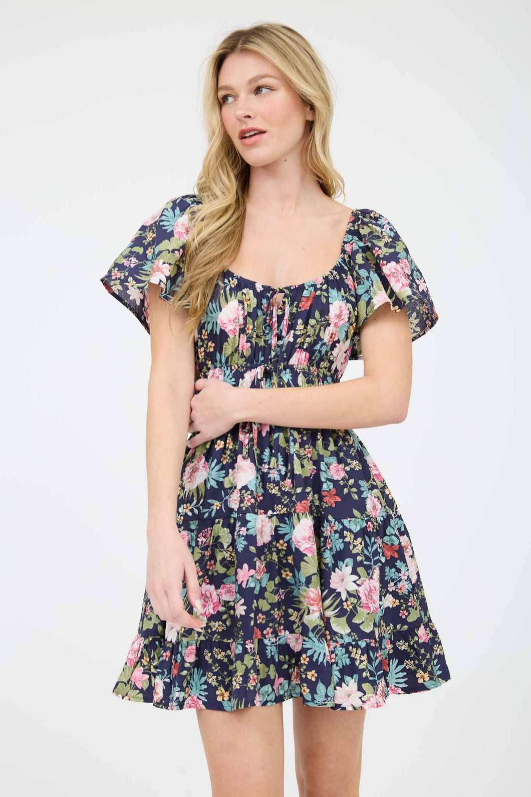 FLORAL FRONT TIE SCOOP NECK TIERED MINI DRESS