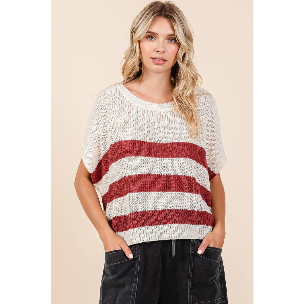 STRIPED DOLMAN SHORT SLEEVE BOXY SWEATER KNIT TOP