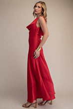 Load image into Gallery viewer, Cowl Neck Sleeveless Back Tie Satin Maxi Dress
