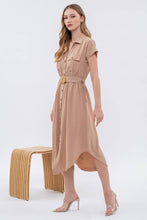 Load image into Gallery viewer, COLLARED BUTTON DOWN BELTED MIDI DRESS
