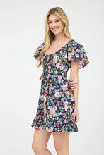 Load image into Gallery viewer, FLORAL FRONT TIE SCOOP NECK TIERED MINI DRESS
