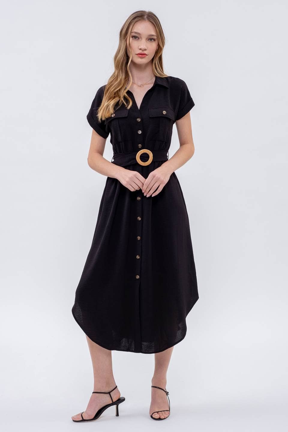 COLLARED BUTTON DOWN BELTED MIDI DRESS