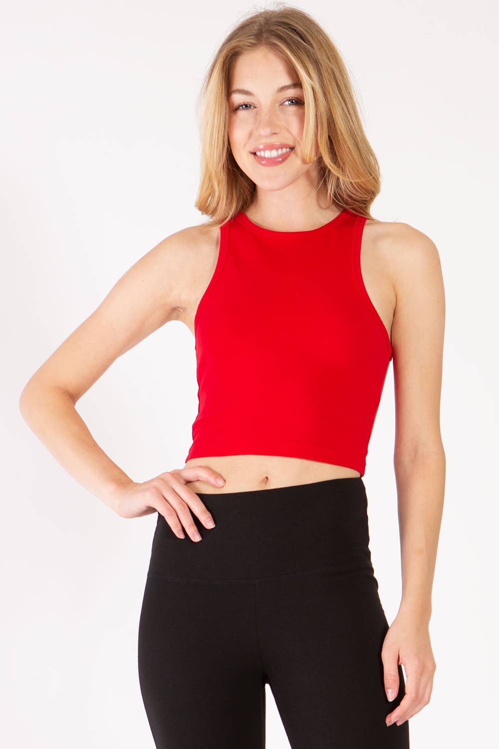 Solid color cotton spandex high neck cropped basic tank top